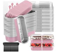 SHUESS Set da 225 pirottini da 75 mini stampi per pagnotta con coperchio e cucchiai, mini teglie riutilizzabili in alluminio da 200 ml, rettangolari con adesivi, per torte, pane e cottura (rosa)