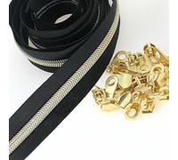 SHUNLI # 5 cerniere a spirale in nylon metallico al metro, nastro nero oro per cerniera da 9,1 m con 25 tiranti per cerniera per fai da te, cucito, artigianato, sacchetti di ricambio