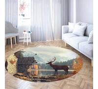 SHUODAOCO Tappeto rotondo 90cm Cervo e lago di montagna Tappeto pieghevole per il relax Soggiorno Camera da letto Sotto il tavolo Lavanderia Paesaggio naturale