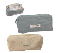 SHUOHONG 2 Pezzi Astuccio in Velluto a Coste, Con Pratica Chiusura Lampo, Pencil Case Con Grande Capacità, Portatile, Morbido per Scuola e Ufficio (Blu-grigio+Rosa coniglio)