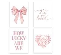 Shuqio Set di 4 quadri estetici rosa e stampe d'arte, motivi a fiocco e cuore con frasi edificanti, estetica positiva per la decorazione del soggiorno e della camera da letto, senza cornice (30x40 cm)