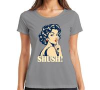 Shush Pop Art Donna Pin Up Comic Vintage Retro Maglietta da donna | Pst Silenzioso Rockabilly labbra rosse anni '60 bellezza nostalgia sexy silenzio