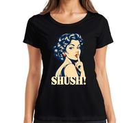 Shush Pop Art Donna Pin Up Comic Vintage Retro Maglietta da donna | Pst Silenzioso Rockabilly labbra rosse anni '60 bellezza nostalgia sexy silenzio