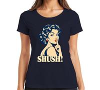Shush Pop Art Donna Pin Up Comic Vintage Retro Maglietta da donna | Pst Silenzioso Rockabilly labbra rosse anni '60 bellezza nostalgia sexy silenzio