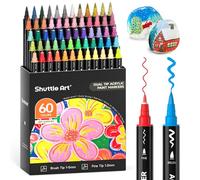 Shuttle Art 60 pennarelli acrilici a doppia punta, punta a pennello e punta fine per pittura su roccia, ceramica, legno, tela, plastica, vetro, pietra, calligrafia, creazione di biglietti fai da te