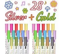 Shuttle Art Confezione da 28 pennarelli indelebili a doppia linea, 14 colori argento e 14 colori oro Squiggles Shimmer Markers Set di pennarelli metallici per disegno, biglietti di Natale, artigianato
