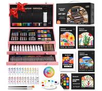 Shuttle Art Kit artistico deluxe da 202 pezzi in legno con 4 blocchi da disegno, tele, fogli da colorare, colori acrilici, pastelli, pastelli a olio, matite colorate per bambini, artisti, principianti
