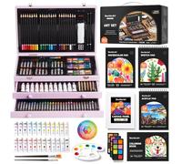 Shuttle Art Kit artistico deluxe da 202 pezzi in legno con 4 blocchi da disegno, tele, fogli da colorare, colori acrilici, pastelli, pastelli a olio, matite colorate per bambini, artisti, principianti