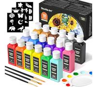 Shuttle Art - Pittura per tessuti, 18 colori, permanente, morbido, in flaconi (60 ml), con pennelli, tavolozza, stencil, pittura tessile per magliette, scarpe, jeans, borse e artigianato