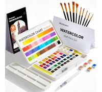 Shuttle Art Set di pittura ad acquerello, 48 colori acquerelli in mezzo barattolo, 2 penne pennelli per acqua, 10 pennelli, 1 blocco, 1 tavolozza, 2 quadri di colori, kit acquerello per bambini,