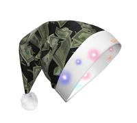 SHuWeiD Cappello di Babbo Natale in flanella con stampa di denaro e simbolo del dollaro, con luci a LED, accessorio per feste
