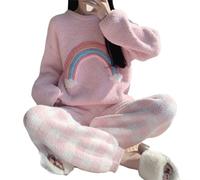 SHWING Camicia da Notte,Manica Lunga Pullover Plaid Pantaloni a Quadri a Maglia Vestiti per la casa Donne 2 Pezzi Set Pigiama Arcobaleno (Rosa)