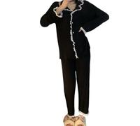 SHWING Camicia da Notte,Pigiama di Cotone di Grandi Dimensioni Set di Top a Maniche Lunghe da Donna e Pantaloni O Set di Pigiami per Indumenti per la casa con Collo (Nero, XXL (75-100kg))