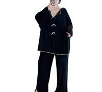 SHWING Camicia da Notte,Taglia Grande Donna 2pcs Pigiama Set Pigiama Pigiama Manica Lunga Vestiti Completi Sleep Tops (Nero, XXL (95-120kg))