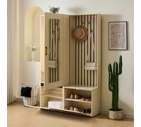 Shye Armadio guardaroba con specchio e panca, in legno, moderno set di mobili da corridoio, asta appendiabiti estensibile, scarpiera, 4 ganci e panca imbottita