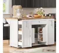 Shye Isola da cucina mobile, piano di lavoro pieghevole, 3 cassetti, 2 ripiani per porta, ruote bloccabili, 120 × 45 (70) × 87 cm, bianco + naturale