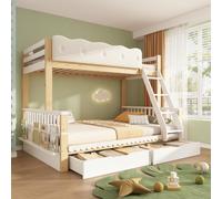 Shye Letto a castello per bambini, 90 x 200/140 x 200 cm, con ringhiere a nuvole, cassetti, portariviste, letto familiare in legno per bambini e adulti, bianco e rovere, senza materasso