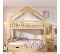 Shye - Letto a castello per bambini, 90 x 200 cm e 140 x 200 cm, letto in legno con scala, 2 cassetti, tetto a falce, letto per famiglie, EN 747, color rovere, senza materasso