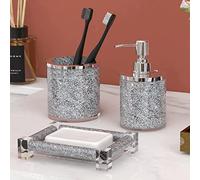 SHYFOY Set di accessori per il bagno, set di 3 accessori da bagno in cristallo argentato con diamanti schiacciati, set di accessori da bagno in vetro, organizer per toilette, include dispenser di