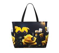 ShyHhts Bella borsa da viaggio da spiaggia di grande capacità, con rose gialle, borsa da donna è impermeabile e resistente alla sabbia, adatta per viaggi, vacanze al mare, ecc., nero
