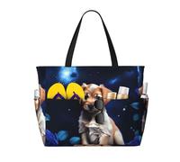 ShyHhts Borsa da viaggio da spiaggia di grande capacità con cucciolo di rosa blu, borsa da donna è impermeabile e resistente alla sabbia, adatta per viaggi, vacanze al mare, ecc., Nero
