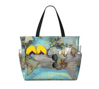 ShyHhts Borsa da viaggio da spiaggia di grande capacità, con mappa del mondo dei cartoni animati, la borsa da donna è impermeabile e resistente alla sabbia, adatta per viaggi, vacanze al mare, ecc.
