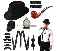 Shyllin Accessori Anni 20 per Uomo, Gatsby Gangster Mafia Costume Accessori 1920s, con Cappello Panama, Orologio da Tasca, Cinghie, Papillon/cravatte,Baffi, Tubo,Costume Carnevale Cosplay Festa Natale