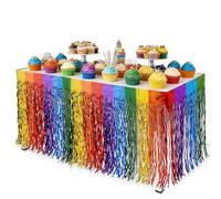 Shyllin Decorazione per Tavolo da Festa, 2ｘ Gonne da Tavolo in Lamé Autoadesive, Tende Ondulate in Pellicola con Frange, 75 x 275 cm (Arcobaleno)