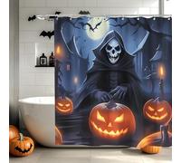 Shyllin Tenda da Doccia per Halloween, Halloween Decorazioni Casa con Mantello Scheletro e Elementi di Zucca Fantasma, Tenda Doccia Halloween Ghost con 8 Ganci, 180x180 cm (Scheletro)