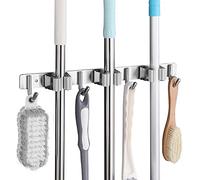 SHYOSUCCE Portascopa e Portaspazzole da Muro con 3 Posti e 4 Ganci, Appendi Scopa da Muro in Acciaio Inossidabil Per Cucina, Bagno, Garage e Giardino, Grigio