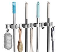 SHYOSUCCE Portascopa e Portaspazzole da Muro con 4 Posti e 5 Ganci, Appendi Scopa da Muro in Acciaio Inossidabil Per Cucina, Bagno, Garage e Giardino, Grigio