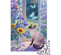 Siamese Cat Puzzle Giochi 1000 Pezzi Per Gioco Familiare Arte A Siamese Cat Beside The Flowers Puzzle Adulti Idea Regalo Per 1000pcs (75x50cm)