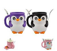 SIAMZYWV Porta pinta per gelato a forma di pinguino, Pebbles The Penguin, 473 ml, stampa 3D, con manico antigelo e due cucchiai (2 pezzi nero + viola)