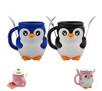 SIAMZYWV Porta pinta per gelato a forma di pinguino, Pebbles The Penguin, 473 ml, stampa 3D, con manico antigelo e due cucchiai (2 pezzi nero + blu)