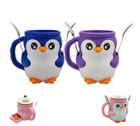 SIAMZYWV Porta pinta per gelato a forma di pinguino, Pebbles The Penguin, 473 ml, stampa 3D, con manico antigelo e due cucchiai (2 pezzi blu + viola)