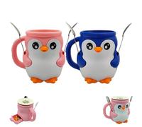 SIAMZYWV Porta pinta per gelato a forma di pinguino, Pebbles The Penguin, 473 ml, stampa 3D, con manico antigelo e due cucchiai (2 pezzi rosa + blu)