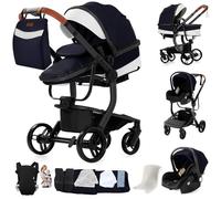 Sianldcone Pelle PU Passeggino 3 in 1 Trio Neonati, Tessuti di Alta Qualità Carrozzina per Neonato, Spinta Bidirezionale Passeggino Reversibile, Visione Aperta Passeggini Trolley (L518 Black Blue)