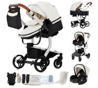 Sianldcone Pelle PU Passeggino 3 in 1 Trio Neonati, Tessuti di Alta Qualità Carrozzina per Neonato, Spinta Bidirezionale Passeggino Reversibile, Visione Aperta Passeggini Trolley (L518 White)