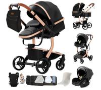 Sianldcone Pelle PU Passeggino 3 in 1 Trio Neonati, Tessuti di Alta Qualità Carrozzina per Neonato, Spinta Bidirezionale Passeggino Reversibile, Visione Aperta Passeggini Trolley (L518 Black)