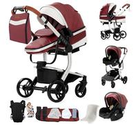 Sianldcone Pelle PU Passeggino 3 in 1 Trio Neonati, Tessuti di Alta Qualità Carrozzina per Neonato, Spinta Bidirezionale Passeggino Reversibile, Visione Aperta Passeggini Trolley (L518 Red)
