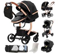 Sianldcone Pelle PU Passeggino 3 in 1 Trio Neonati, Tessuti di Alta Qualità Carrozzina per Neonato, Spinta Bidirezionale Passeggino Reversibile, Visione Aperta Passeggini Trolley (B518 Black)