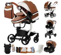 Sianldcone Pelle PU Passeggino 3 in 1 Trio Neonati, Tessuti di Alta Qualità Carrozzina per Neonato, Spinta Bidirezionale Passeggino Reversibile, Visione Aperta Passeggini Trolley (L518 Khaki)