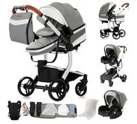 Sianldcone Pelle PU Passeggino 3 in 1 Trio Neonati, Tessuti di Alta Qualità Carrozzina per Neonato, Spinta Bidirezionale Passeggino Reversibile, Visione Aperta Passeggini Trolley (L518 Grey)
