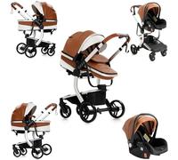 Sianldcone Pelle PU Passeggino 3 in 1 Trio Neonati, Tessuti di Alta Qualità Carrozzina per Neonato, Spinta Bidirezionale Passeggino Reversibile, Visione Aperta Passeggino Trolley (518 Khaki)