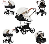 Sianldcone Pelle PU Passeggino 3 in 1 Trio Neonati, Tessuti di Alta Qualità Carrozzina per Neonato, Spinta Bidirezionale Passeggino Reversibile, Visione Aperta Passeggino Trolley (518 White)