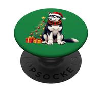 Siberian Husky cane, Natale, cappello di Babbo Natale PopSockets PopGrip Adesivo