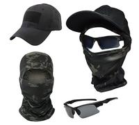Sibo - Set Tattico 3 in 1 Softair - Berretto Mimetico con Velcro + Passamontagna Leggero + Occhiali Protettivi UV - per Softair, Paintball, Trekking, Moto, Outdoor (Nero)