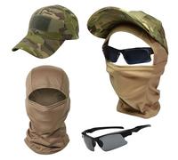 Sibo - Set Tattico 3 in 1 Softair - Berretto Mimetico con Velcro + Passamontagna Leggero + Occhiali Protettivi UV - per Softair, Paintball, Trekking, Moto, Outdoor (Verde/Marrone)
