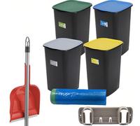 Sicignano Casalinghi Set Pattumiere Riciclo con Coperchio Raccolta Differenziata Carta Vetro Plastica Indifferenziata 50 Litri, 15 Sacchetti Blu, con Paletta e Appendiscope Colori Assortiti