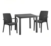 Sicignano | Set 3 Pezzi, 2 Sedie con Braccioli + 1 Tavolo Quadrato Rattan - Impilabile, Resistente agli UV, Arredo Interno Esterno Bar Pub Giardino Terrazzo, Made in Italy (Antracite)